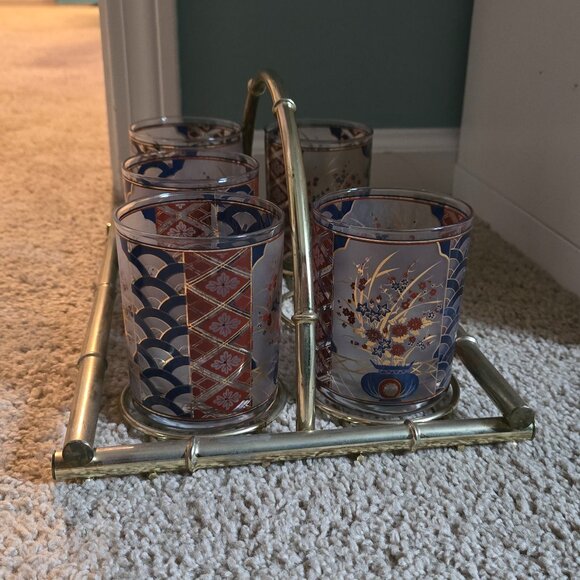 Decorative Glassware Set of 5 with Gold Metal Caddy – Lightly Used – Incomplete - Picture 5 of 15